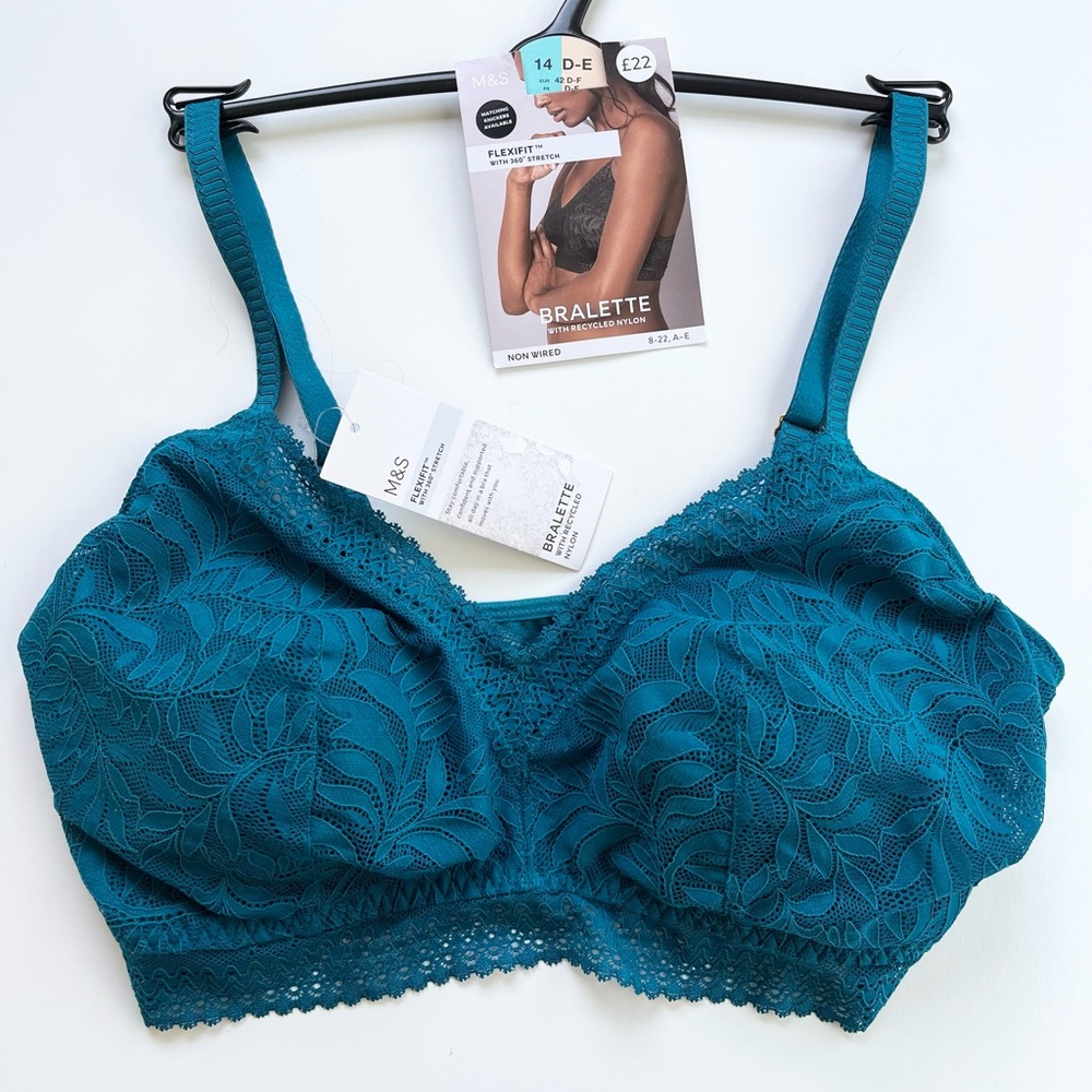 M&S Marks & Spencer flexfit turquoise lace Wireless padded bralette 14 D-E NEW